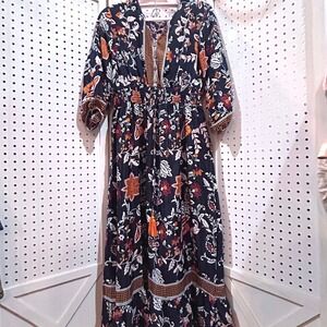 Lapogee Boho Floral Maxi Dress Navy Orange Tassel V Neck Smocked Waist L